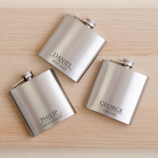 Personalised stainless steel wedding role hip flask