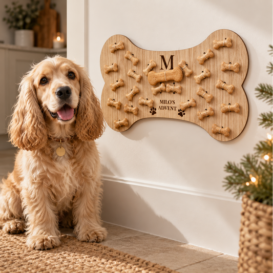 Cocker Spaniel next to an engraved oak dog advent calendar with an M initial and paw prints