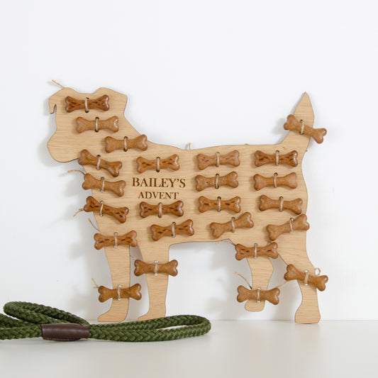 Jack Russell-shaped oak advent calendar engraved "Bailey's Advent" with a green dog lead