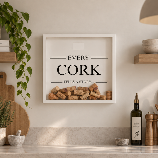A framed kitchen wall art print reading “EVERY CORK TELLS A STORY” hangs above a countertop. The white frame contains stacked wine corks and is shown in a styled kitchen setting with plants, wooden shelves, bottles, and utensils.
