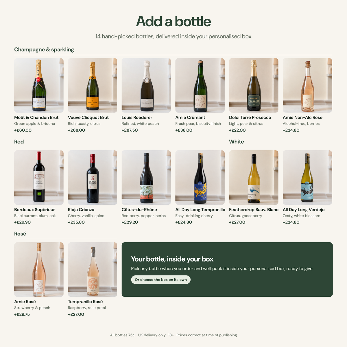 Add a bottle: our 14 bottles, from champagne and sparkling to red, white and rosé