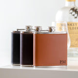 Personalised whisky wood, walnut or leather cufflinks and leather hip flask set - Stag Design