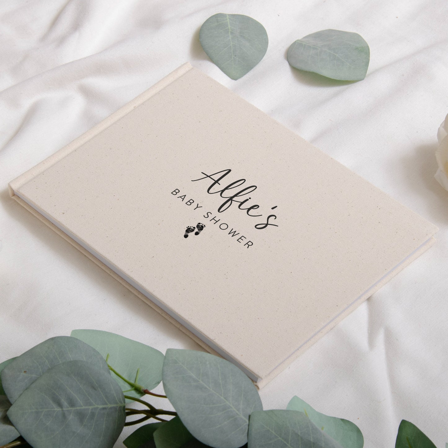 Personalised linen baby shower book