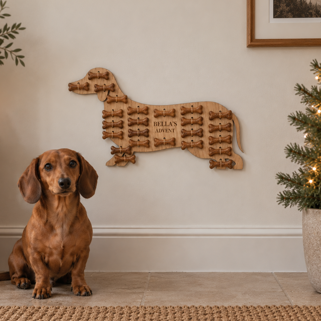 Dachshund sitting beneath a personalised sausage dog advent calendar filled with treats