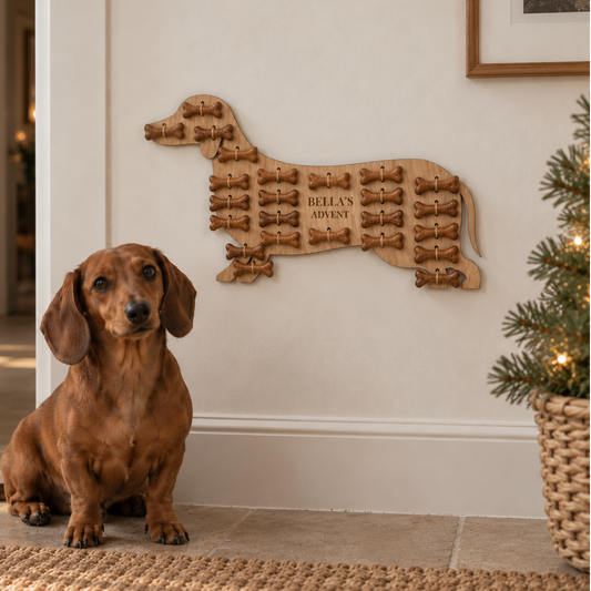 Personalised dachshund advent calendar on the wall beside a small Christmas tree