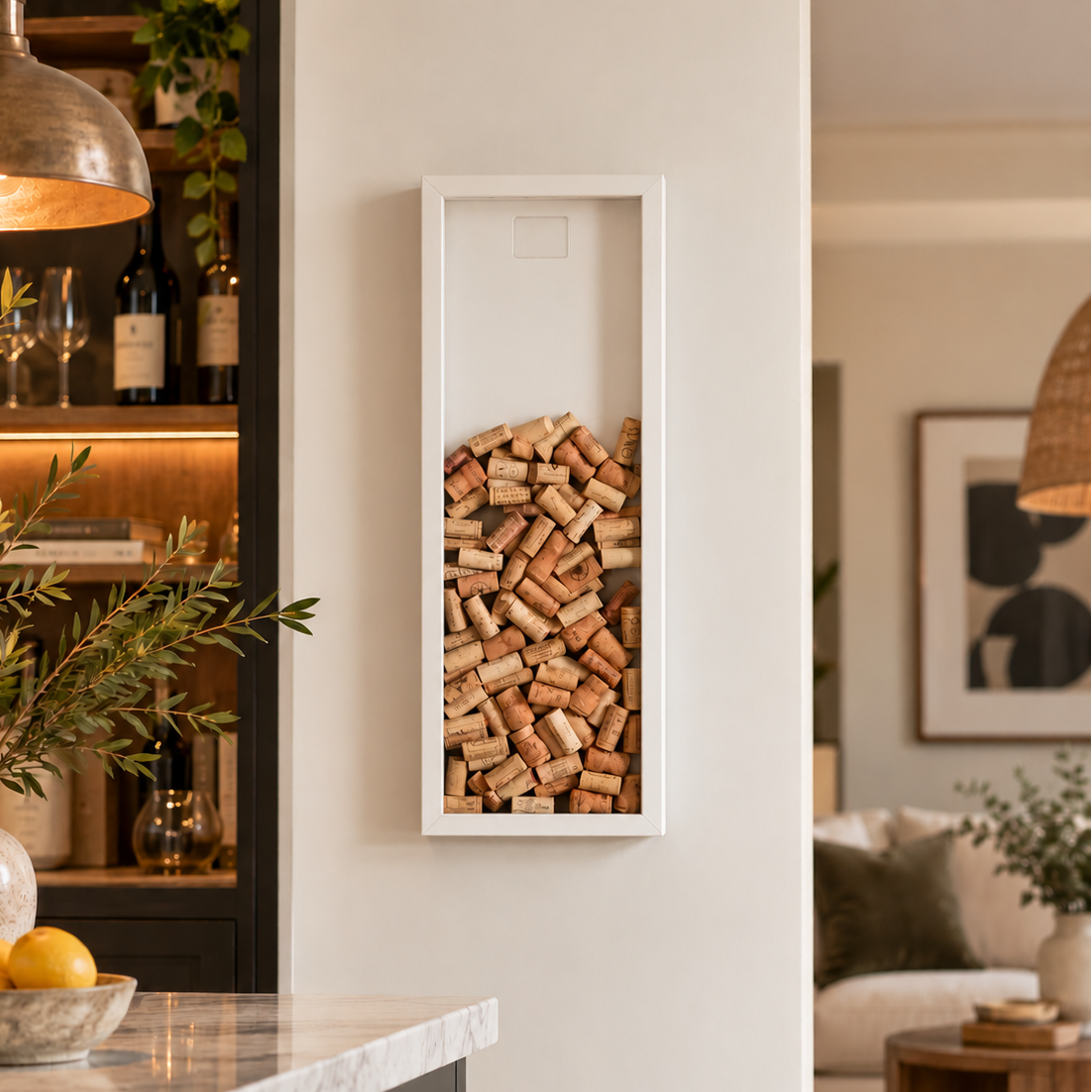 A white rectangular wall-mounted wine cork display shelf filled with natural cork pieces, shown in a modern living space with a marble countertop and warm ambient lighting.