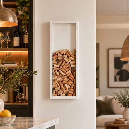 A white rectangular wall-mounted wine cork display shelf filled with natural cork pieces, shown in a modern living space with a marble countertop and warm ambient lighting.