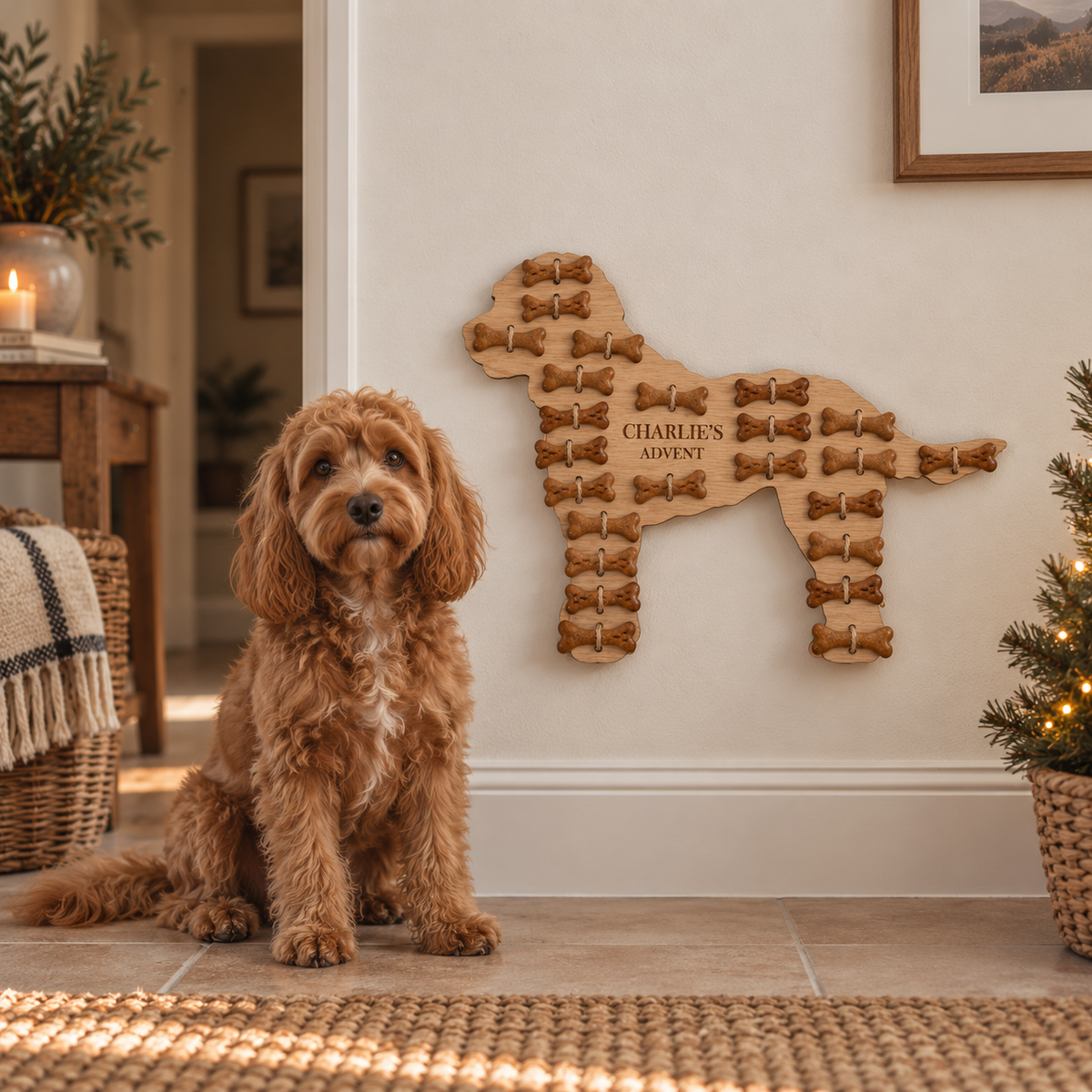 Cockapoo sitting beneath a personalised cockapoo advent calendar filled with treats