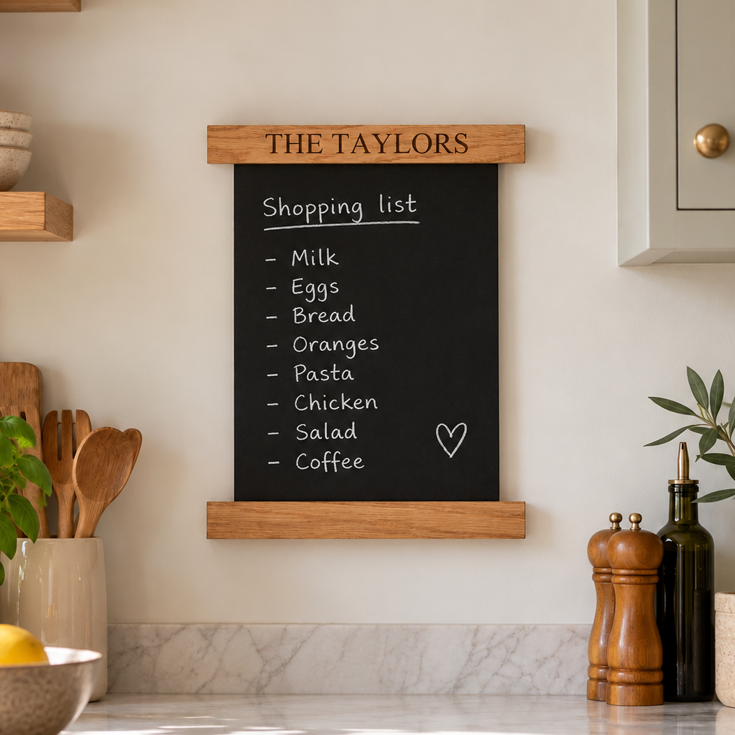 A wooden-framed black chalkboard on a kitchen wall, personalized with 'THE TAYLORS' at the top and showing a shopping list written in white chalk. The scene includes marble countertops, wooden utensils, a basil plant, and kitchen cabinets in a bright, sunlit kitchen.
