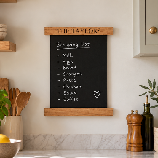 A wooden-framed black chalkboard on a kitchen wall, personalized with 'THE TAYLORS' at the top and showing a shopping list written in white chalk. The scene includes marble countertops, wooden utensils, a basil plant, and kitchen cabinets in a bright, sunlit kitchen.