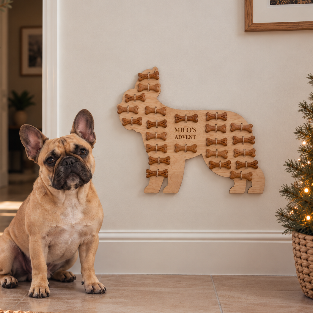 French bulldog sitting beneath a personalised French bulldog advent calendar filled with treats