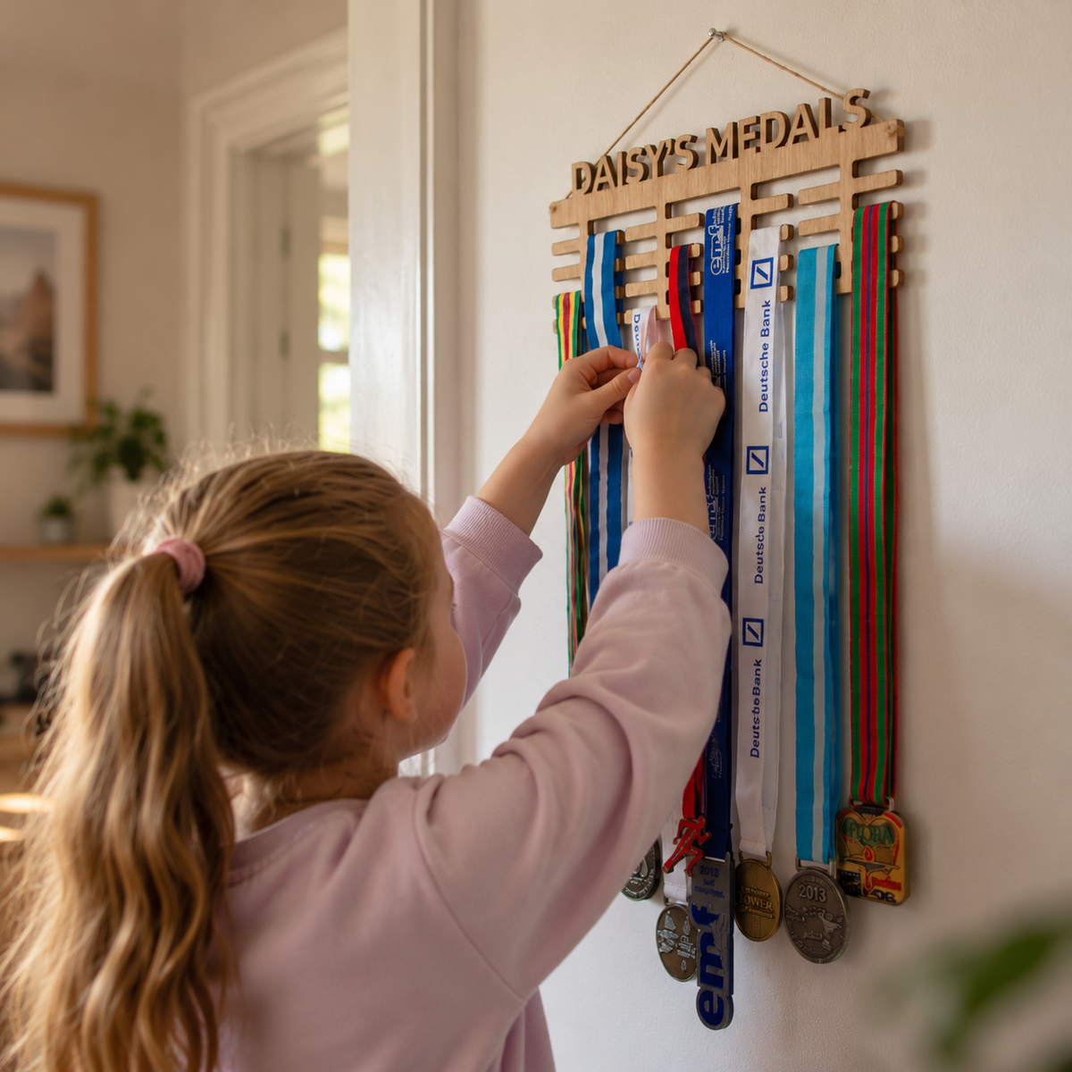 A young girl with a ponytail hangs sports medals on a wooden personalized wall display that reads 'DAISY'S MEDALS' in a home setting.