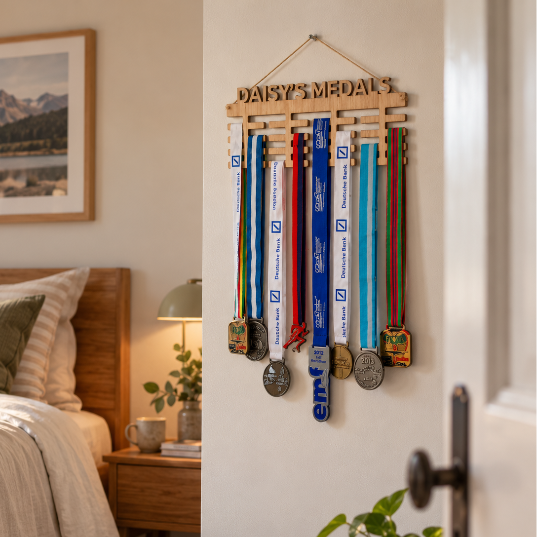 A wooden wall-mounted medal rack with the engraved name 'DAISY'S MEDALS' hangs on a bedroom wall, holding several colorful athletic medals with ribbons. A bed, bedside lamp, framed landscape print, and potted plant are visible in the room.