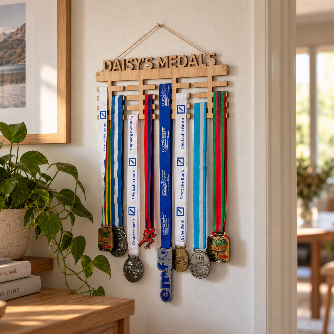 A wooden wall-mounted medal rack hanging in a bright home interior, with the words “DAISY’S MEDALS” cut into the top bar. Several race medals with colorful ribbons are displayed on the rack.