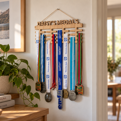 A wooden wall-mounted medal rack hanging in a bright home interior, with the words “DAISY’S MEDALS” cut into the top bar. Several race medals with colorful ribbons are displayed on the rack.