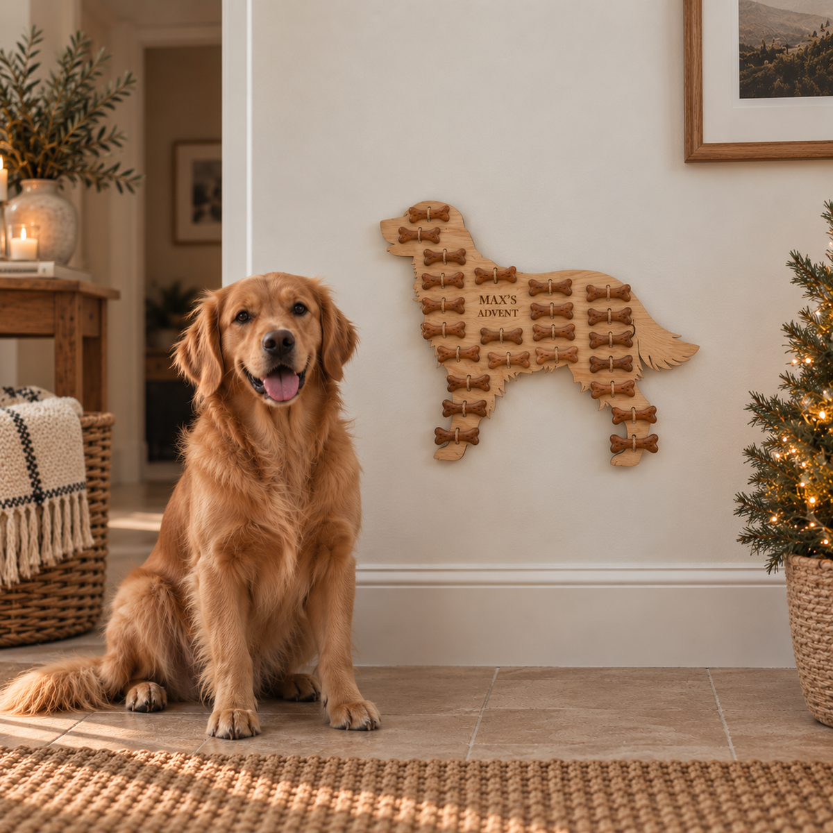 Golden retriever sitting beneath a personalised golden retriever advent calendar filled with treats