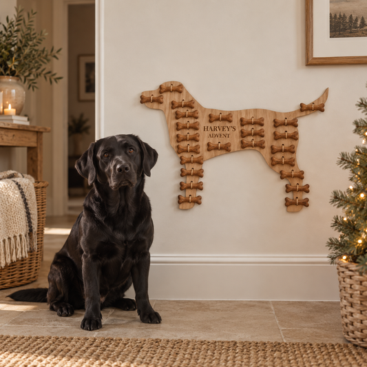 Black labrador sitting beneath a personalised labrador advent calendar filled with treats