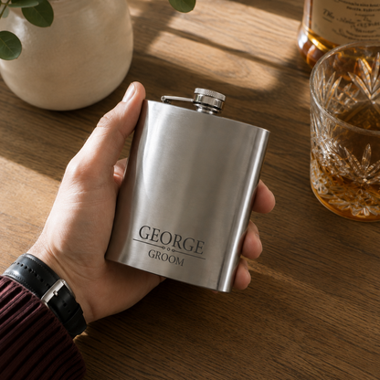A hand holding a silver stainless steel flask engraved with 'GEORGE GROOM' on a wooden table, with a whiskey bottle, a glass, and a potted plant in the background.