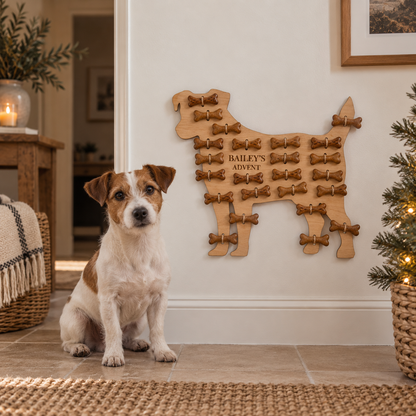Jack Russell sitting beneath a personalised Jack Russell advent calendar filled with treats
