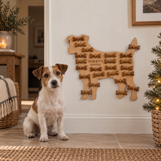 Jack Russell sitting beneath a personalised Jack Russell advent calendar filled with treats