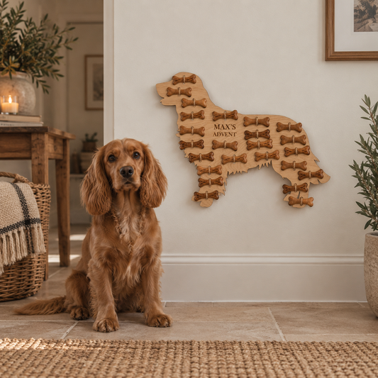 Cocker spaniel sitting beneath a personalised spaniel advent calendar filled with treats