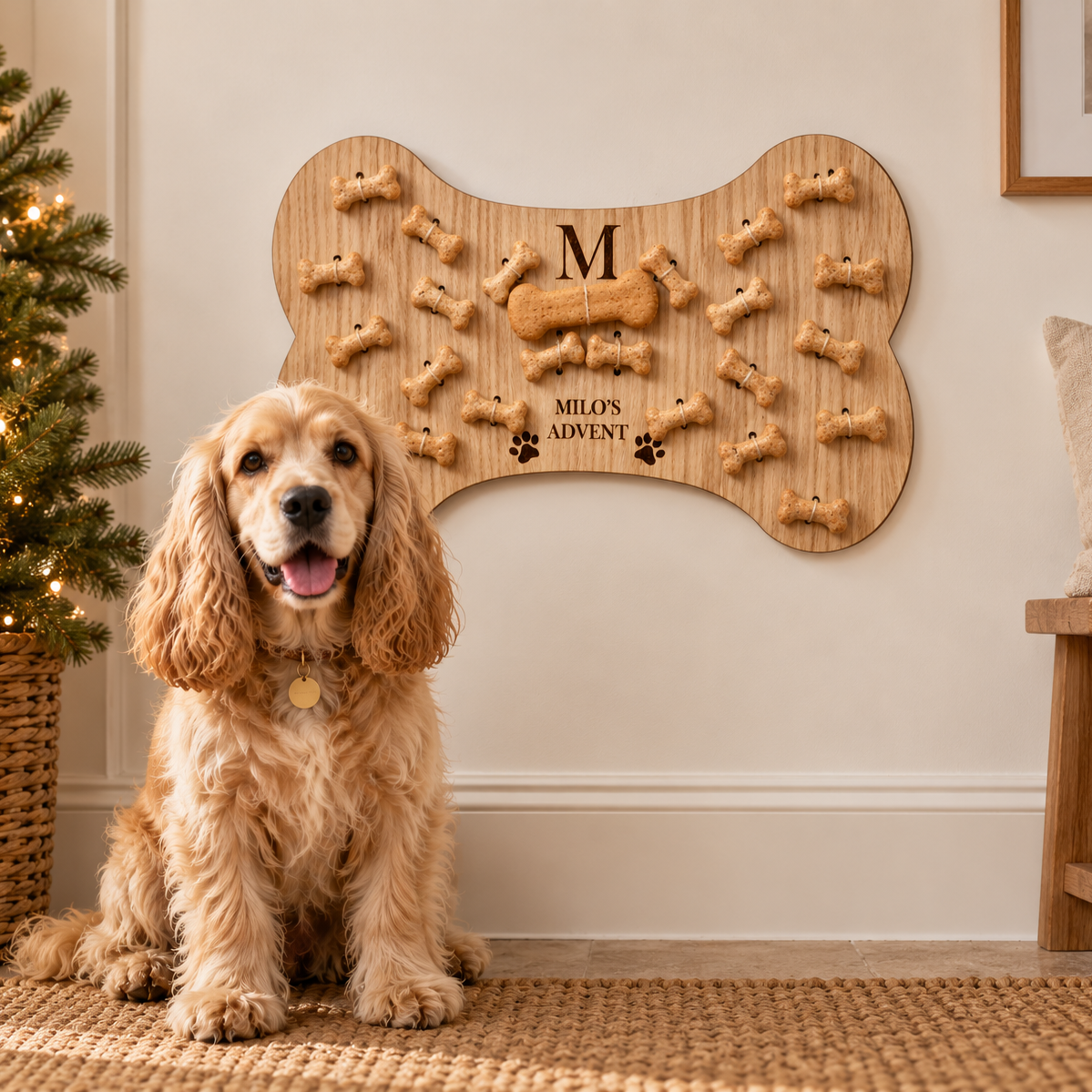 Cocker Spaniel sitting beside a personalised bone advent calendar engraved "Milo's Advent"