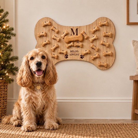Cocker Spaniel sitting beside a personalised bone advent calendar engraved "Milo's Advent"