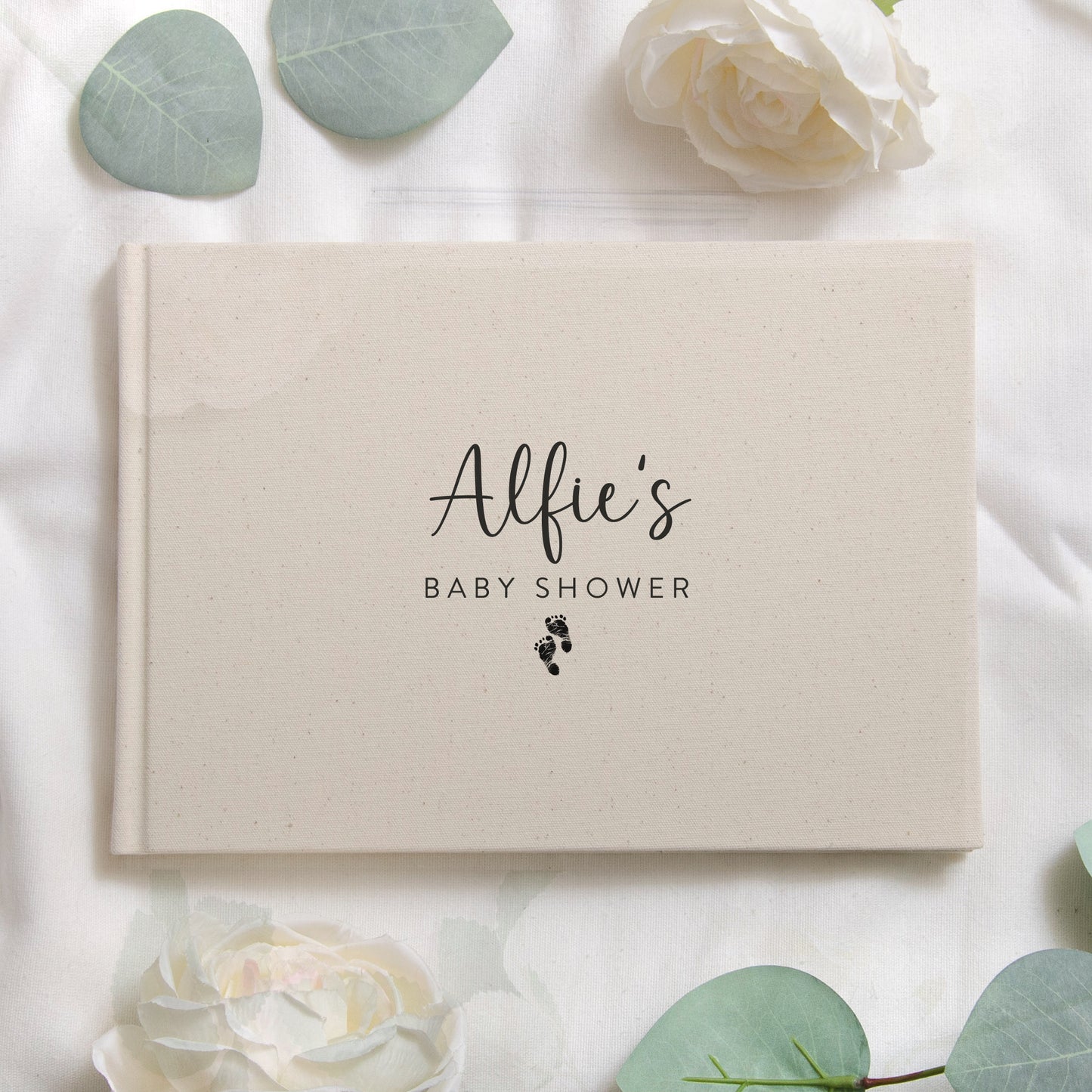 Personalised linen baby shower book