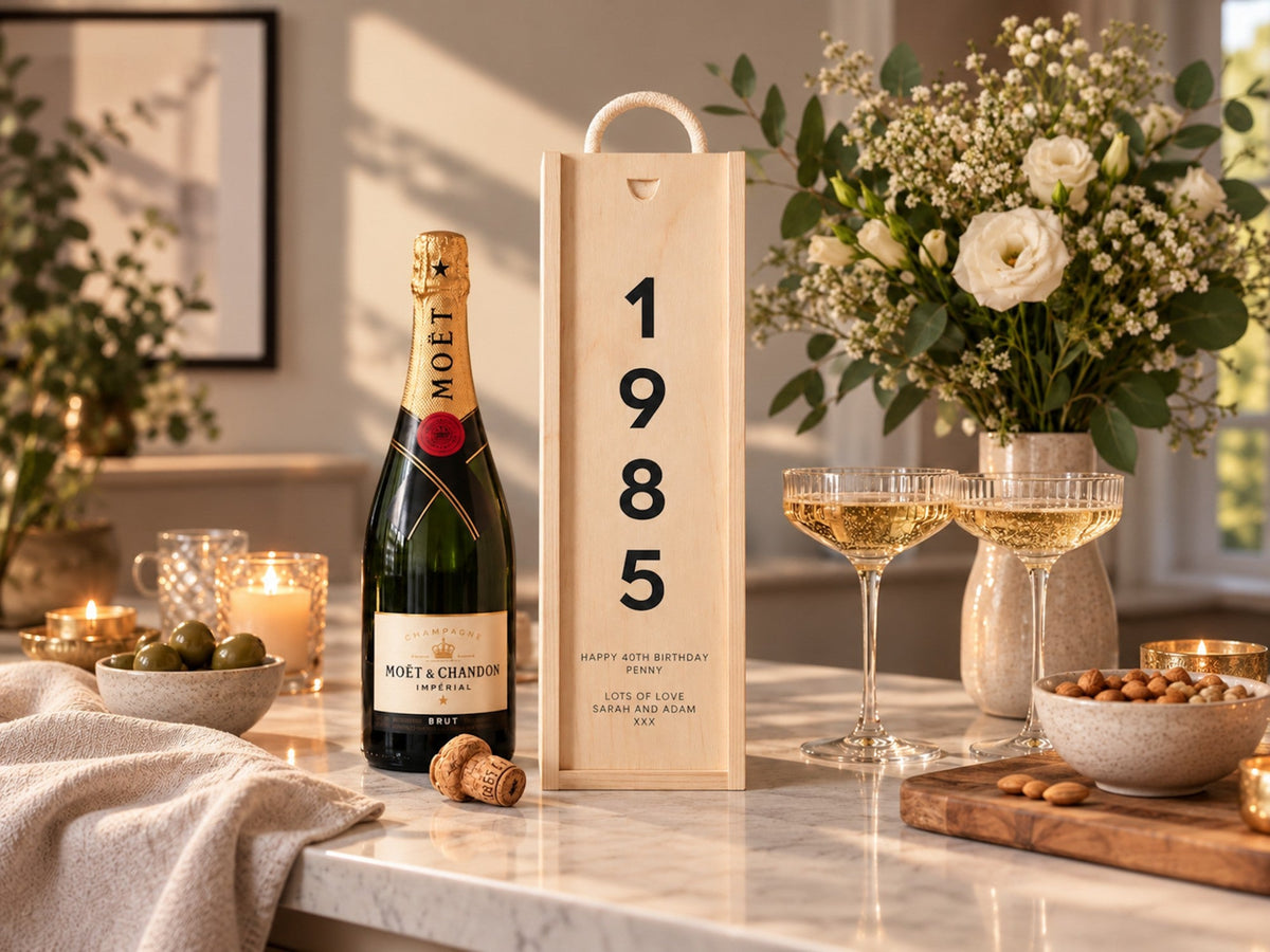 Personalised birthday bottle box printed with 1985 and a 40th birthday message, beside a bottle of champagne