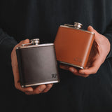 Personalised whisky wood, walnut or leather cufflinks and leather hip flask set - Stag Design