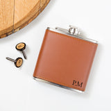 Personalised whisky wood, walnut or leather cufflinks and leather hip flask set - Stag Design