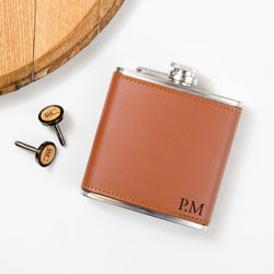 Personalised whisky wood, walnut or leather cufflinks and leather hip flask set - Stag Design