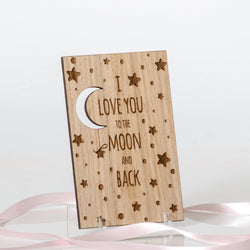 'I love you to the moon and back' Anniversary wooden card - Stag Design