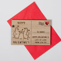 Penguins Valentine's Day wooden postcard - Stag Design