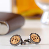 Personalised whisky wood, walnut or leather cufflinks and leather hip flask set - Stag Design