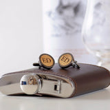 Personalised whisky wood, walnut or leather cufflinks and leather hip flask set - Stag Design